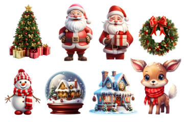 Set of Christmas elements, Decorated Christmas tree, Santa Claus, Santa with gift box, wreath, snowman, Glass snow globe, Christmas snow home, reindeer, PNG, isolated on white transparent background