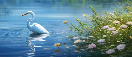 In the height of summer, amidst the lush green grass and blooming wildflowers, a beautiful white bird glided gracefully over the sparkling blue waters, displaying the perfect harmony between nature