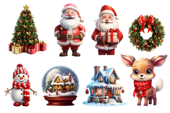 Set of Christmas elements, Decorated Christmas tree, Santa Claus,  Santa with gift box, wreath, snowman, Glass snow globe, Christmas snow home, reindeer, PNG, isolated on white transparent background