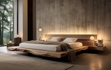 Modern style bed without headboard made of reclaimed wood beams