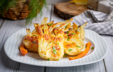 Roasted Fennel with Cheese. Sliced fennel oven roasted in olive oil.