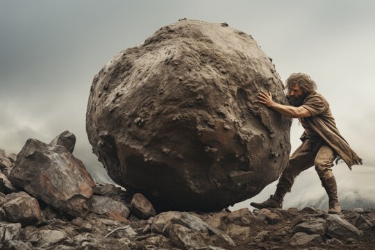 Sisyphus is pushing a rock up a mountain. The enduring symbolism of sisyphus pushing a rock up a mountain: a representation of eternal effort, mythological punishment, and philosophical reflection.