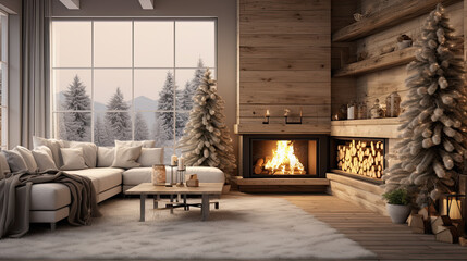 salón con decoración moderna tipo escandinava en tonos claros beige con chimenea y decorado con árbol de navidad