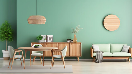 Mint color chairs at round wooden dining table in room with sofa and cabinet near green wall. Scandinavian, mid-century home interior design of modern living room