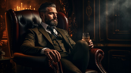 Fototapeta na wymiar handsome man in vintage clothes and smoking cigar sitting in armchair