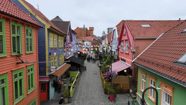 Rising above European Rooftops and colorful houses in Stavanger Norway