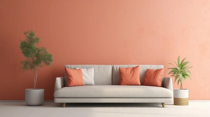 Gray sofa against a beige wall, salmon color of the interior, furniture for relaxation