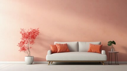 Fototapeta na wymiar Gray sofa against a beige wall, salmon color of the interior, furniture for relaxation