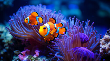 a pair clownfish in a reef - obrazy, fototapety, plakaty