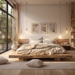 Fototapeta na wymiar Modern style bed without headboard made of reclaimed wood beams