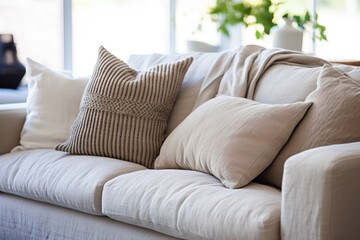 Pillows on the sofa against a blurry view of the room.