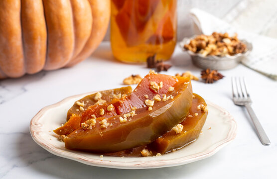 Traditional delicious Turkish cuisine; Pumpkin dessert or jam (Turkish name; Kirecte kabak receli or kabak tatlisi)