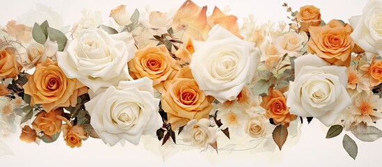 In the midst of summer, a beautiful vintage floral design emerged, showcasing the elegance of white roses with a touch of orange, exuding the allure of nature. Isolated in a white background, this