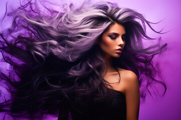 Fototapeta premium Portrait of a woman with a hairstyle surrounded by purple smoke on a colored background.