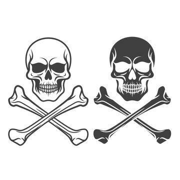 Vector Black and White Skull and Crossbones Icon Set Isolated. Skulls Collection with Outline, Cut Out Style in Front View. Hand Drawn Skull Head Design Template