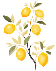 Illustration of lemons on a branch, transparent background (PNG)