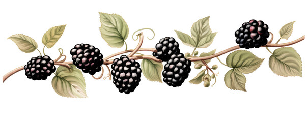 Illustration of ripe blackberries on a branch, transparent background (PNG) - obrazy, fototapety, plakaty