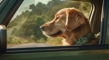 A golden retriever dog looking out the window of a car. Generative AI.