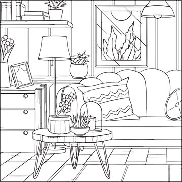 Coloring on the theme of the living room interior. Vector illustration coloring book for adults and children.