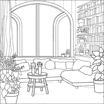 Coloring on the theme of the living room interior. Vector illustration coloring book for adults and children.