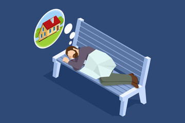 Isometric a homeless man sleeps on a bench on the street. A poor, tired man is resting.