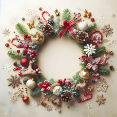 Fototapeta na wymiar Merry Christmas wreath with holly berries cones and Christmas ornaments
