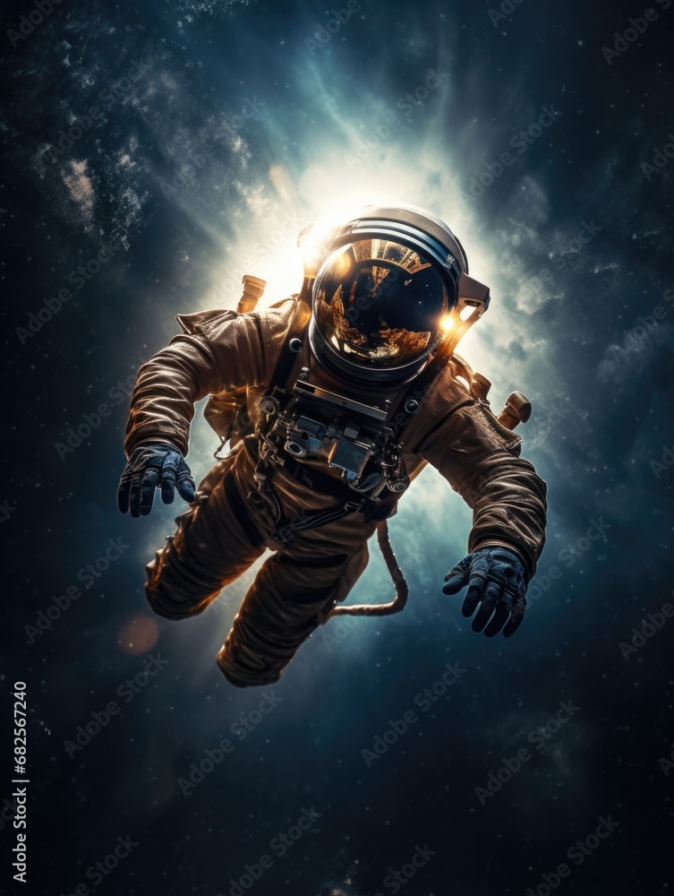 Poster a man in a space suit floating through the air. generative ai.