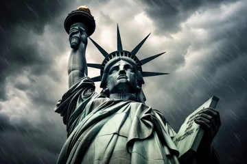 Badkamer foto achterwand Vrijheidsbeeld Stormy Sentinel: The Statue of Liberty Against a Dramatic Sky 