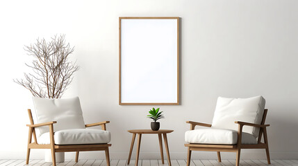 Two armchairs in room with white wall and big frame poster on it. Scandinavian style interior design of modern living room