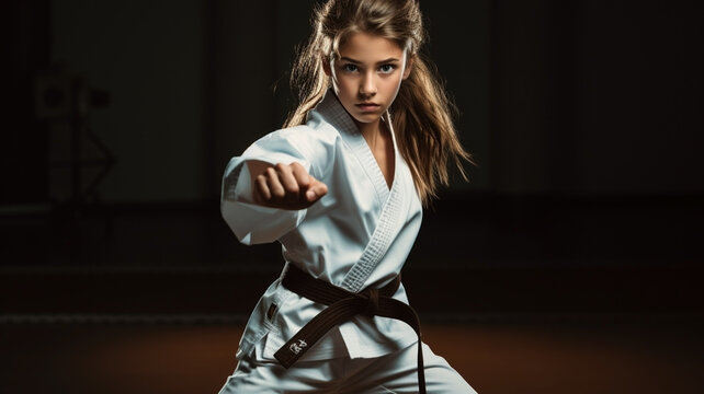 Karate girl doing martial arts. Beautiful portrait of sport girl with karate Kimano. 