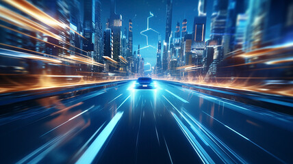 Long exposure of speeding blue car in the middle of highway of huge city with skyscrapers. Blue light trails and blurred lights speed motion blur background.