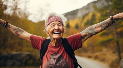 An elderly woman with tattoos on her arms and a backpack. Generative AI.