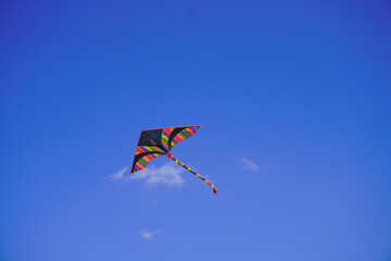 A kite flies in the blue sky