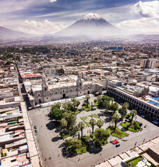 Aerial image of the main square of the city of Arequipa, the city and in the background, the Misti...