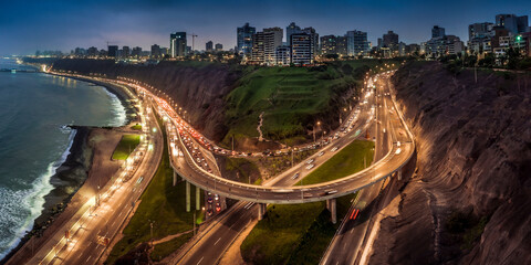 Aerial and night image of the Armendariz bypass on the border of Miraflores and Barranco, in the...