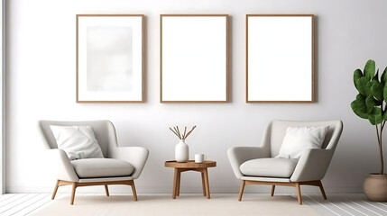 Two armchairs in room with white wall and big frame poster on it. Scandinavian style interior design of modern living room