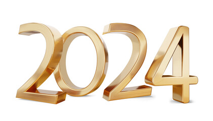 2024 golden bold letters symbol, new year sylvester, isolated, metallic glossy year number - obrazy, fototapety, plakaty