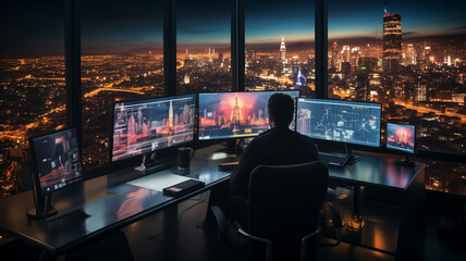 Obraz premium A businessman sitting in his office and working on project. Office have wide big windows and beautiful city view. Business concept.Modern office with computers.