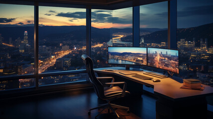 Luxury office with monitors and wide big windows. Night city view.