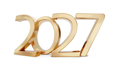 2027 golden bold letters symbol, new year sylvester, isolated, metallic glossy year number - obrazy, fototapety, plakaty