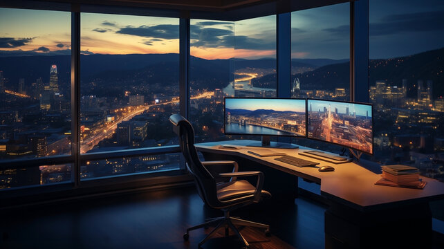 Fototapeta Luxury office with monitors and wide big windows. Night city view.