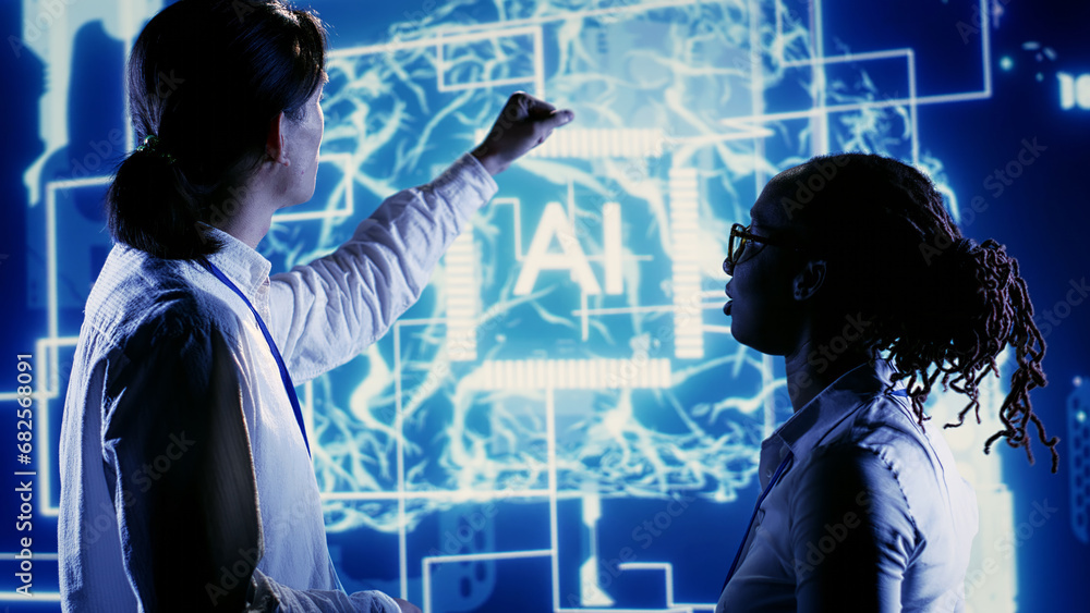 Poster skilled executives looking at artificial intelligence human brain simulation hologram. knowledgeable