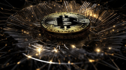 Crypto currency bitcoin symbol representation on black background. Trading and investment concept. Close up of Coin in the middle of the picture. Virtual money concept Copy Space.