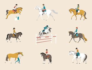 Children's riding school, kids ride horses and ponies, vector illustration