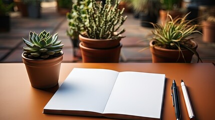 Blank notebook with pencil and plants on desk.