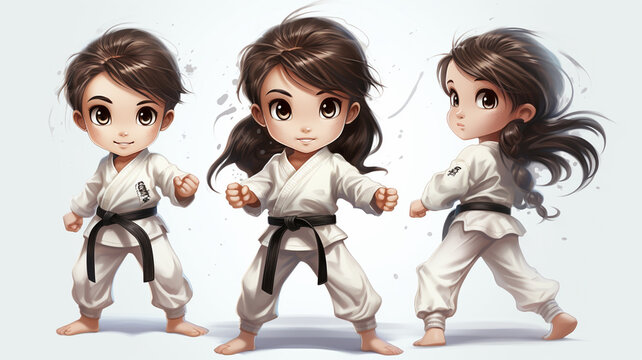 Illustration of Karate kid doing martial arts. Beautiful image of sport girl with karate Kimano and black belt. Cartoon character.
