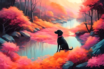 Keuken foto achterwand a dog in the forest with a river abrstract illustration © bryan