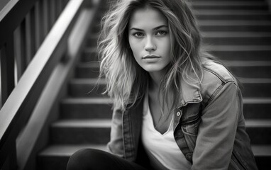 Girl is posing at the steps in black and white style shot