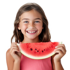 Portrait of a young Caucasian girl smiling and holding a watermelon slice, transparent background...