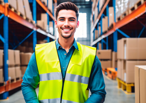 Portrait of happy young man working in warehouse. This is a freight transportation and distribution warehouse. Industrial and industrial workers concept